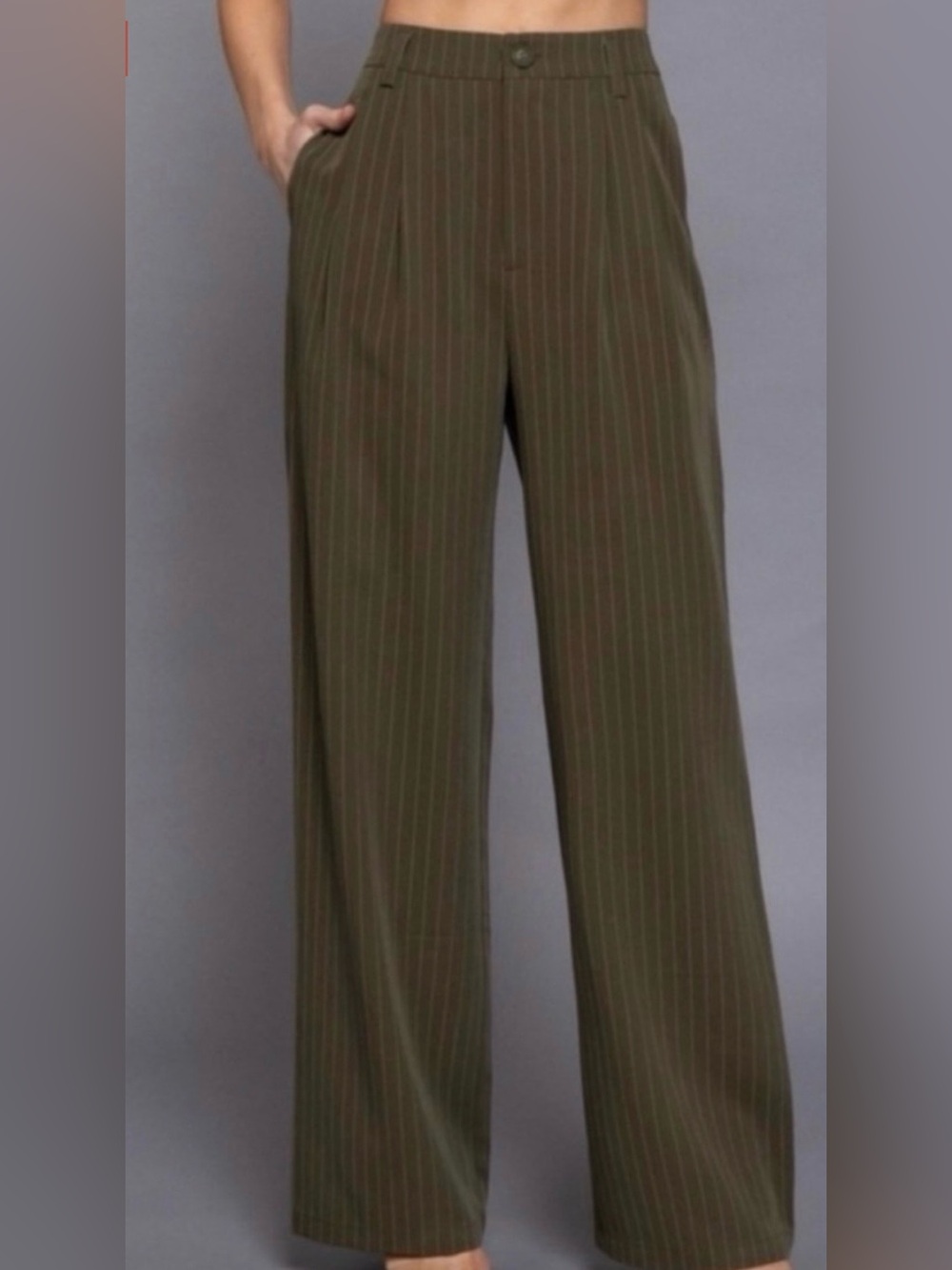 NWT Active USA Olive|White Pinstripe Pleated Wide leg trousers Sz M